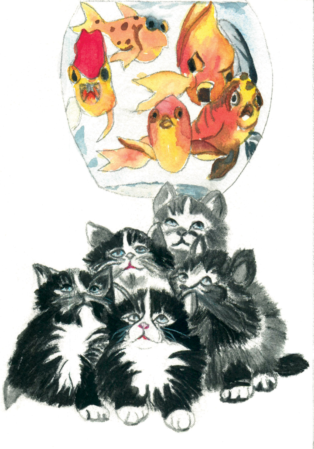 5 kittens counting 5 fish in a bowl by Jocelyn Reekie